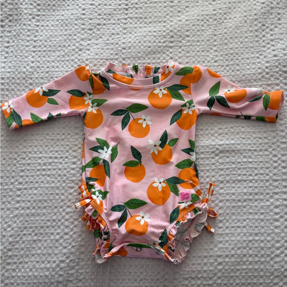 RuffleButts Pink and Orange Fruit Print Bathing Suit 0-3m